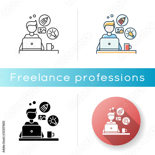 Graphic designer icon. Remote computer illustrator, editor, creative artist. Graphic editing, art design, online project. Linear black and RGB color styles. Isolated vector illustrations