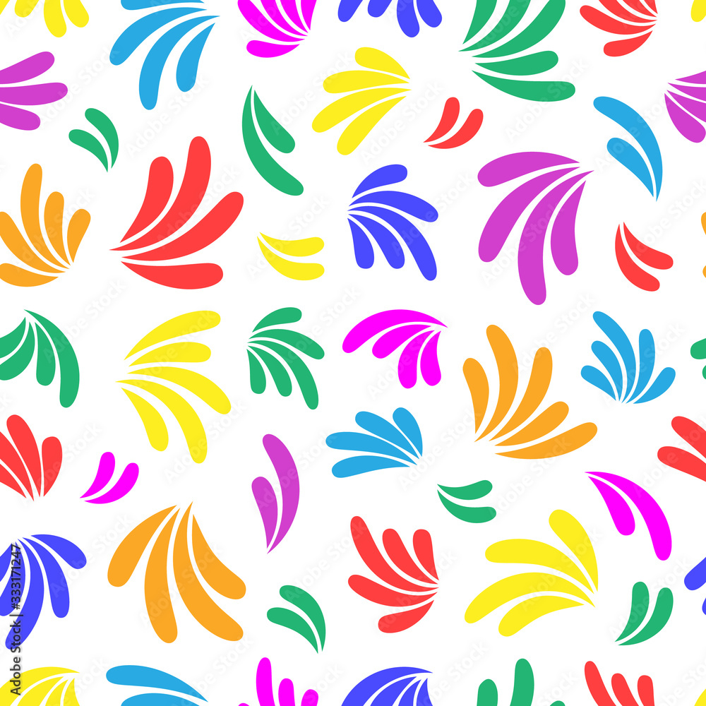Obraz premium Floral rainbow seamless pattern. Colorful simple abstract vector flowers on white background. Simple vector geometric illustration. Design for printing on textile, fabric, paper