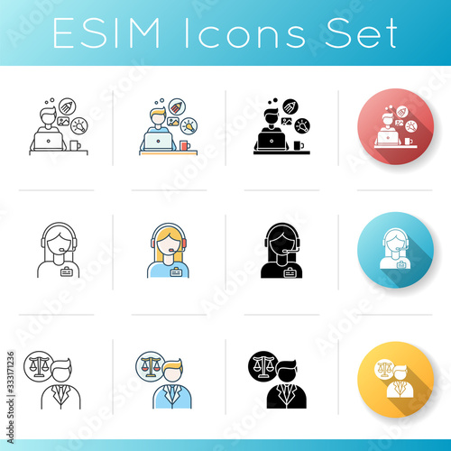 Remote workers icons set. Legal services and freelance designing. Administrator support and juridical consultations. Linear, black and RGB color styles. Isolated vector illustrations