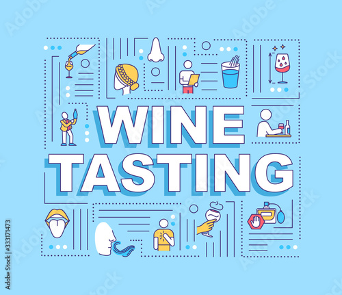 Wine tasting word concepts banner. Proper manners and etiquette to attend restaurant. Infographics with linear icons on turquoise background. Isolated typography. Vector outline RGB color illustration
