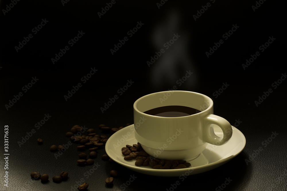 Coffee beans in a white coffee cup in a black background Coffee beans in a white coffee cup in a black background