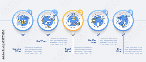 Wine tasting vector infographic template. Restaurant beverage menu presentation design elements. Data visualization with 5 steps. Process timeline chart. Workflow layout with linear icons