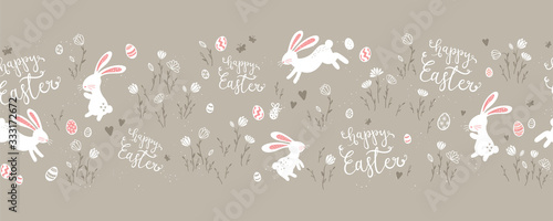 Cute hand drawn Easter horizontal seamless pattern with bunnies, Easter eggs and flowers. Great for Easter Cards, banner, wallpaper, textiles, wrapping- vector design