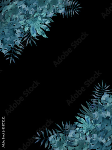 Dark frame template with watercolor tropical leaves on corners. Exotic hand painted illustration on black.