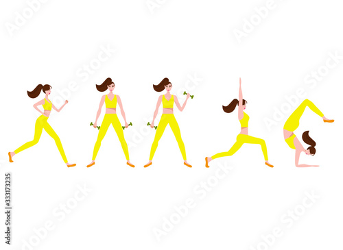 tgirl trains in sports uniform in different poses  flat vector illustration of sports girl