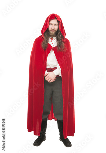 Handsome man in historical pirate costume and cloak isolated