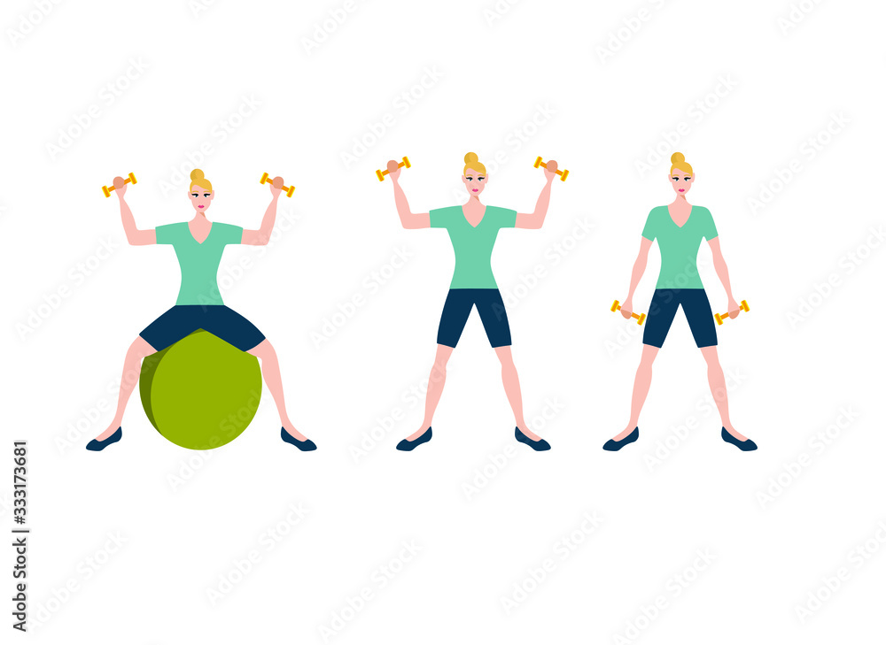 tgirl trains in sports uniform in different poses, flat vector illustration of sports girl tgirl trains in sports uniform in different poses, flat vector illustration of sports girl