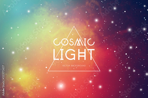 Hipster space background with colorful cosmic light, stars and text placeholder.