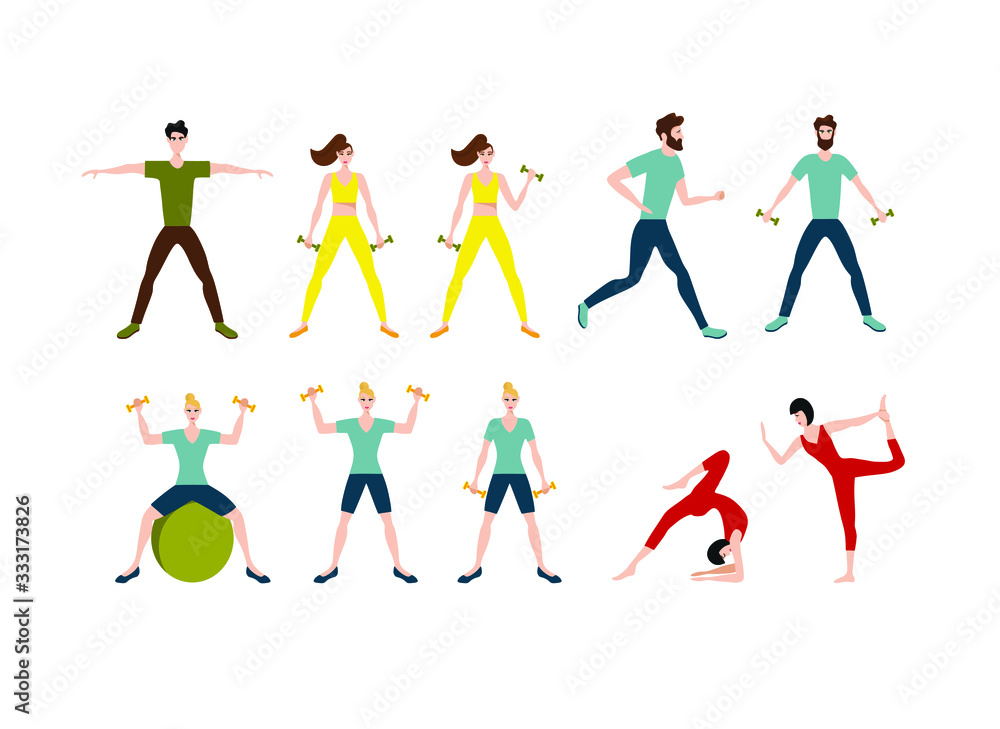 set with sports people. Flat vector illustration of boys and girls training in sports uniforms and with sports equipment on a white background. set with sports people. Flat vector illustration of boys and girls training in sports uniforms and with sports equipment on a white background.