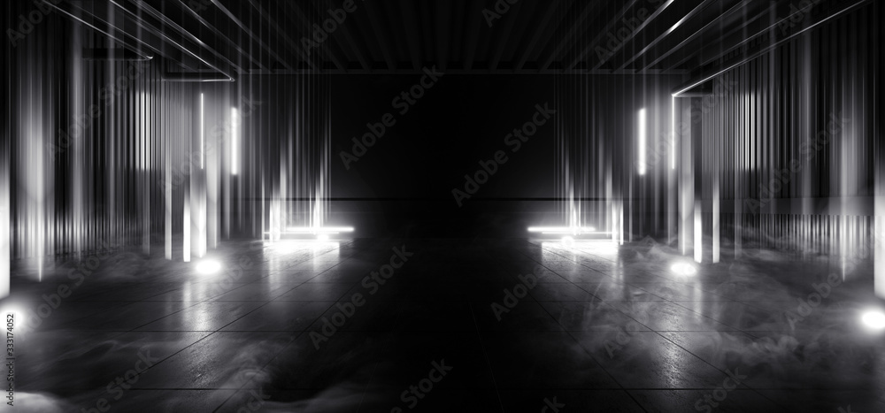 Sci Fi Futuristic Smoke Background Concrete Cement White Electric Neon Led Laser Glowing Lights Dark Night Studio Showcase Hallway Warehouse Stage Podium Cyber 3D Rendering