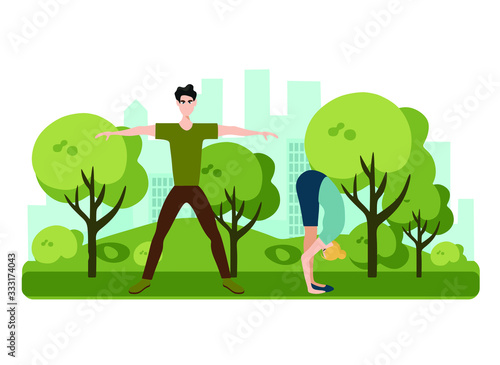 couple playing sports in park, flat vector illustration of man and woman doing exercises