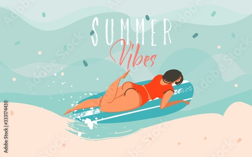 Hand drawn vector stock abstract graphic illustration with a swimming surfer girl in ocean waves landscape and Summer vibes typography text isolated on blue background