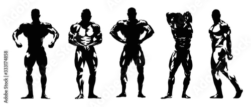 Bodybuilding posing, group of isolated vector silhouettes. Ink drawing, set of isolated bodybuilders with big muscles
