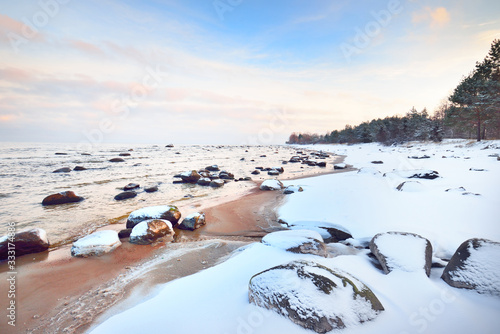 Fototapeta Naklejka Na Ścianę i Meble -  A view of the snow-covered Baltic sea coast at sunset. Stones in the water close-up. Coniferous forest in the background. Stunning cloudscape. Warm evening light. Kaltene, Latvia