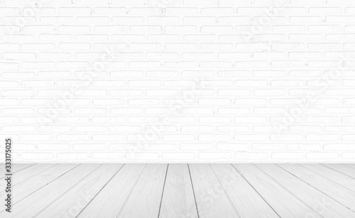 Vintage interior room with white wood floor and brick wall background © banphote