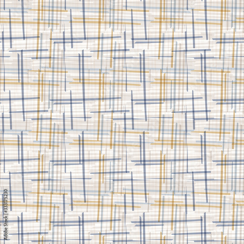 Seamless geometric cross grid pattern. French blue linen shabby chic style. Old yellow blue woven texture  background. Interior wallpaper home decor swatch. Modern gingham check textile all over print
