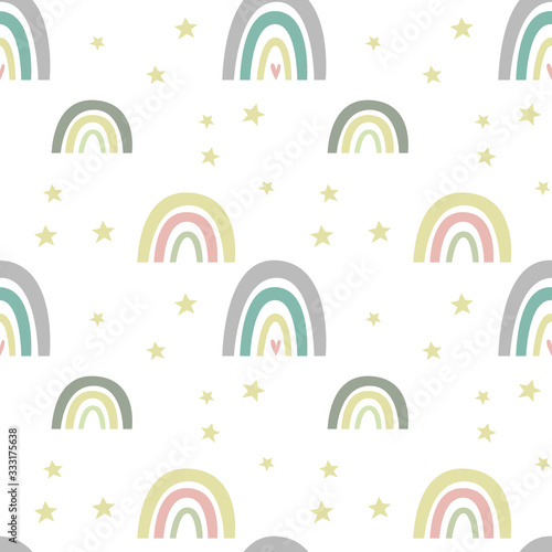 Semless pattern with cute nursery rainbow, stars, scandinavian fun print. Pastel colours. Creative kids texture for poster, fabric, wrapping, textile, wallpaper, apparel. Vector flat illustration