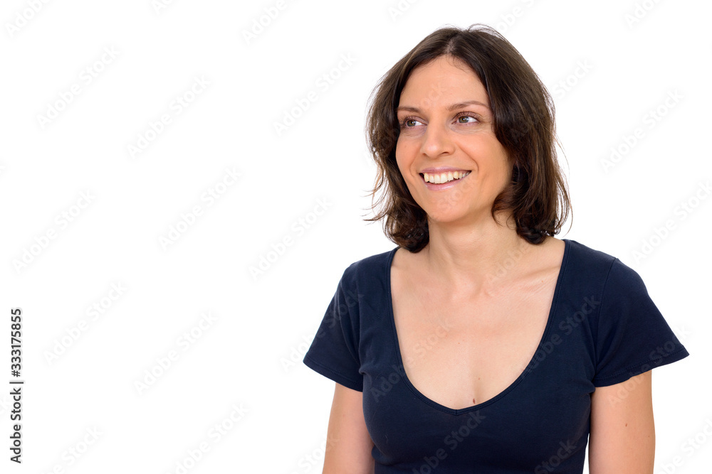 Studio shot of happy woman isolated against white background Studio shot of happy woman isolated against white background