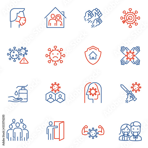 Vector Set of Linear Icons Related to Clinical Trial of Coronavirus, Community Spread and Protection Measures. Covid - 19. Mono Line Pictograms and Infographics Design Elements - part 3