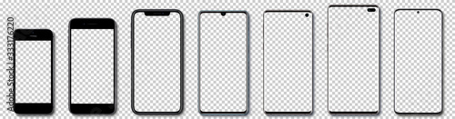 Realistic models smartphone with transparent screens with shadow on transparent background. Popular smartphone mockup collection.   Vector illustration EPS10