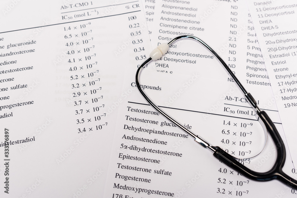 High angle view of stethoscope on lists with hormones High angle view of stethoscope on lists with hormones