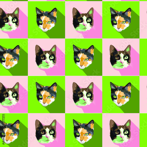 Print with cat faces on colored squares. Cats for printing on fabric. © Ольга Мороз