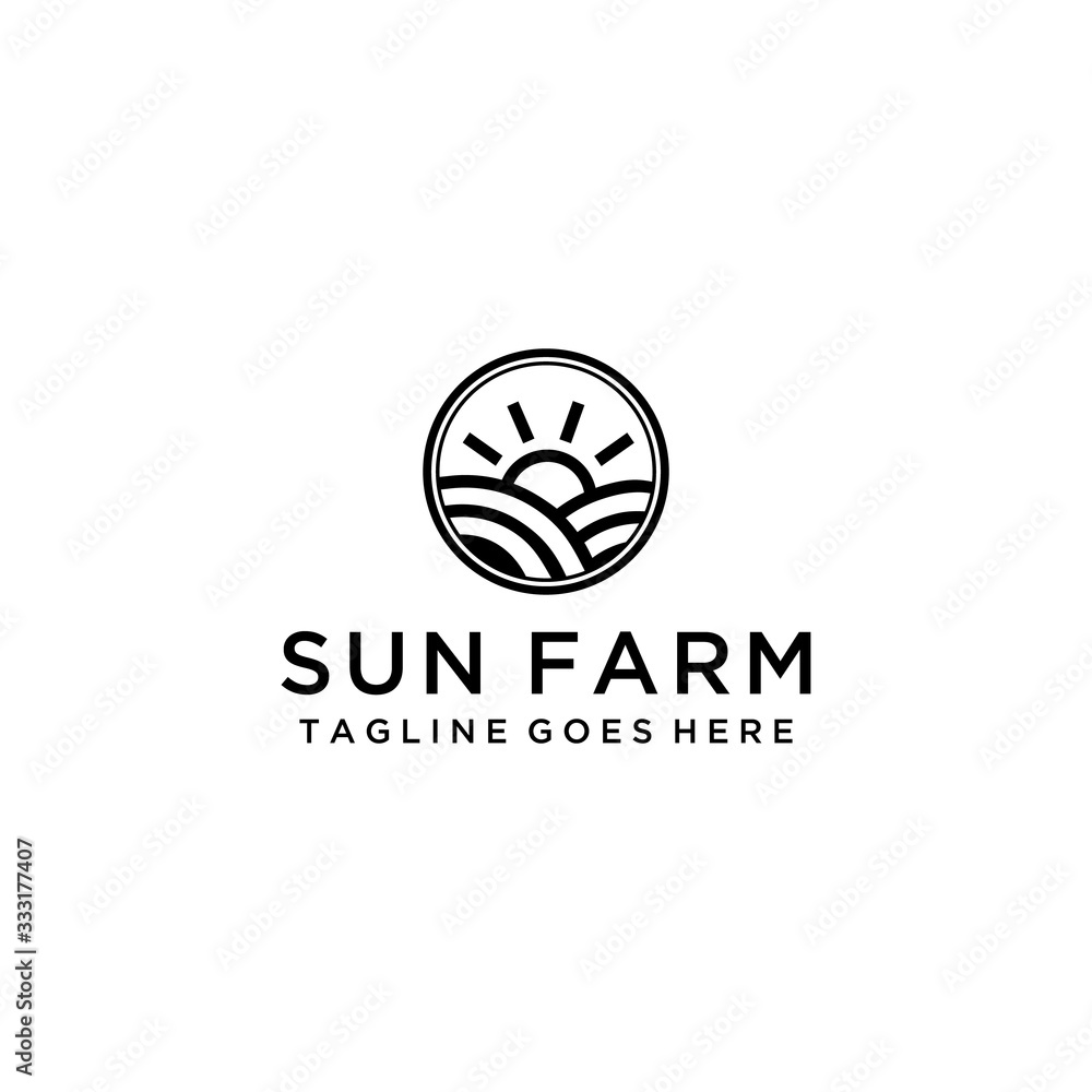 Creative modern farm with sunrise sign logo design template