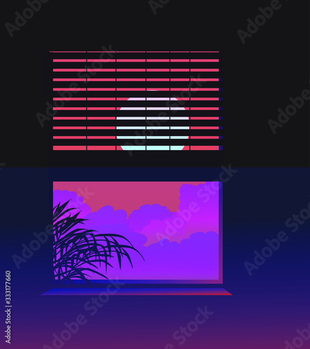 Dark ambient room. The window overlooks the landscape with sunset above the clouds. Scene in cartoon or anime style.