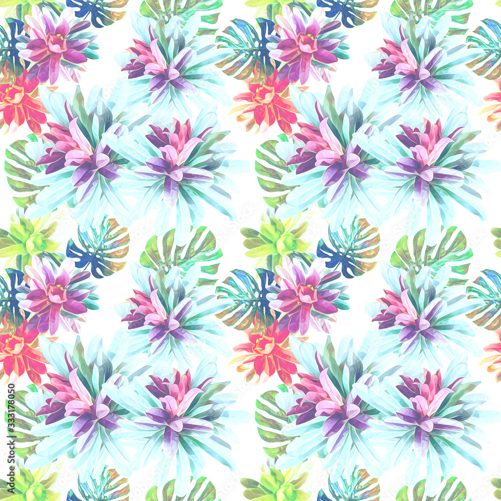 Exotic plants with monstera leaves, seamless pattern. Exotic plants with monstera leaves, seamless pattern.