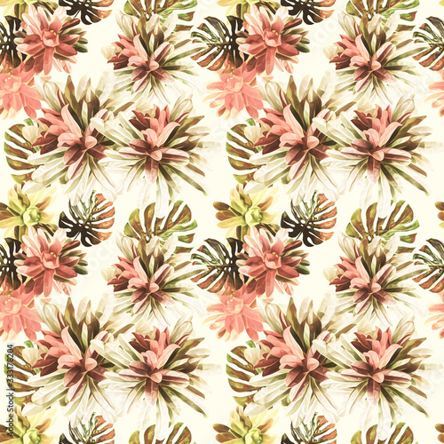 Exotic plants with monstera leaves, seamless pattern.