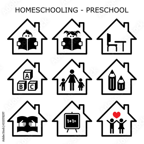 Homeschooling - preschool vector icons set, home early education design for young kids, kindergarten children learning while stay stay at home concept