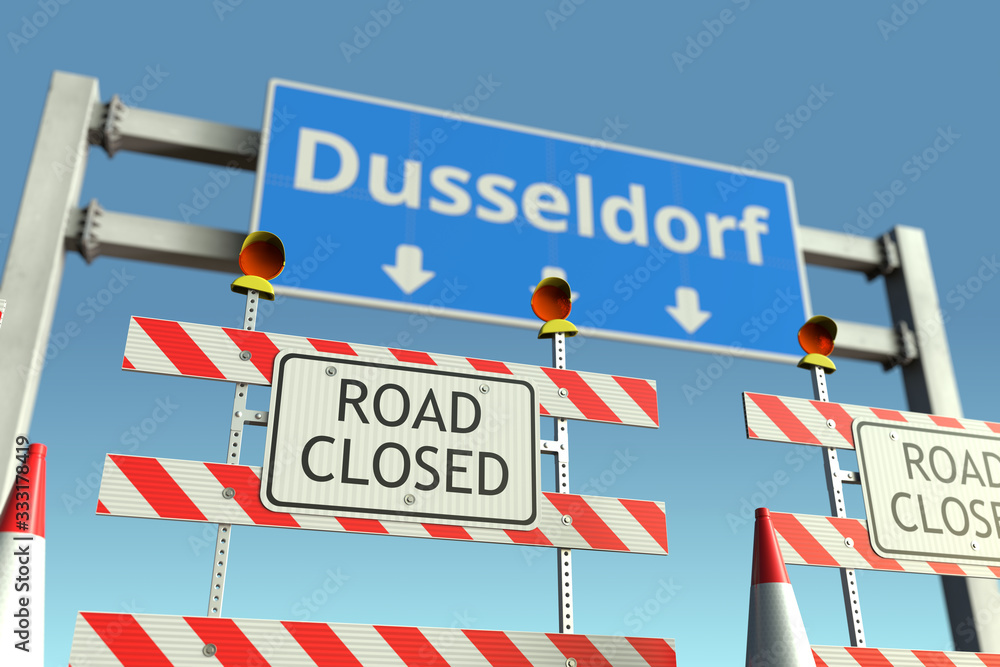 Fototapeta premium Barriers at Dusseldorf city traffic sign. Coronavirus disease quarantine or lockdown in Germany conceptual 3D rendering