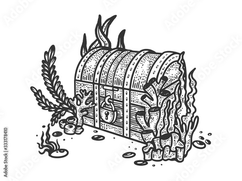 treasure chest on the bottom of the ocean sketch engraving vector illustration. T-shirt apparel print design. Scratch board imitation. Black and white hand drawn image.