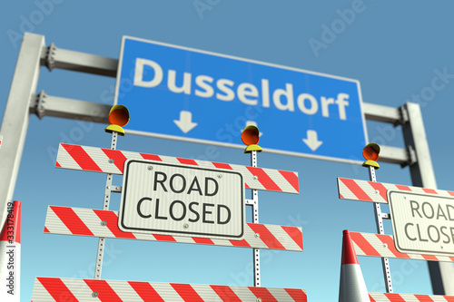 Barriers at Dusseldorf city traffic sign. Coronavirus disease quarantine or lockdown in Germany conceptual 3D rendering © Alexey Novikov