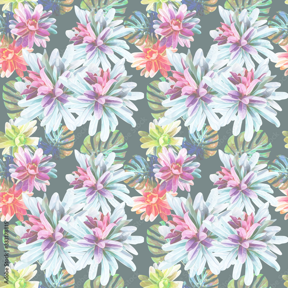 Exotic plants with monstera leaves, seamless pattern. Exotic plants with monstera leaves, seamless pattern.