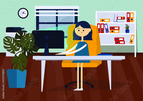 Businesswoman sitting on office chair at a computer desk. She is looking at the computer monitor and typing on the keyboard. Front view. Color vector cartoon illustration