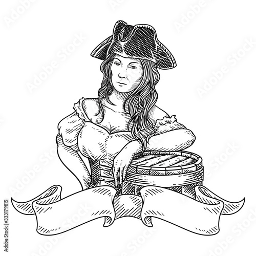 pirates woman with barrel engraved hand drawing photo