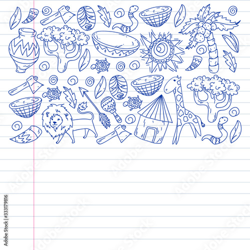 Vector african tribal pattern for banner and posters. Icons of animals and traditional elements for children fabric, clothes, textile. Travel and adventure