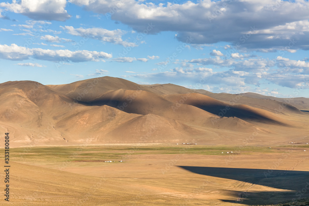 Little village of nomadic Yurt camp in the Mongolian Steppe at Terelj National Park