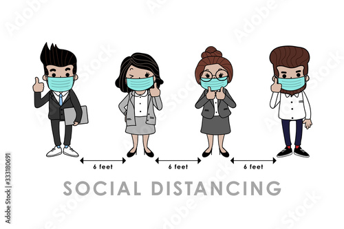 COVID-19 and social distancing infographic with cute cartoon character. Business officer with surgical mask in flat style. Corona virus protection. -Vector