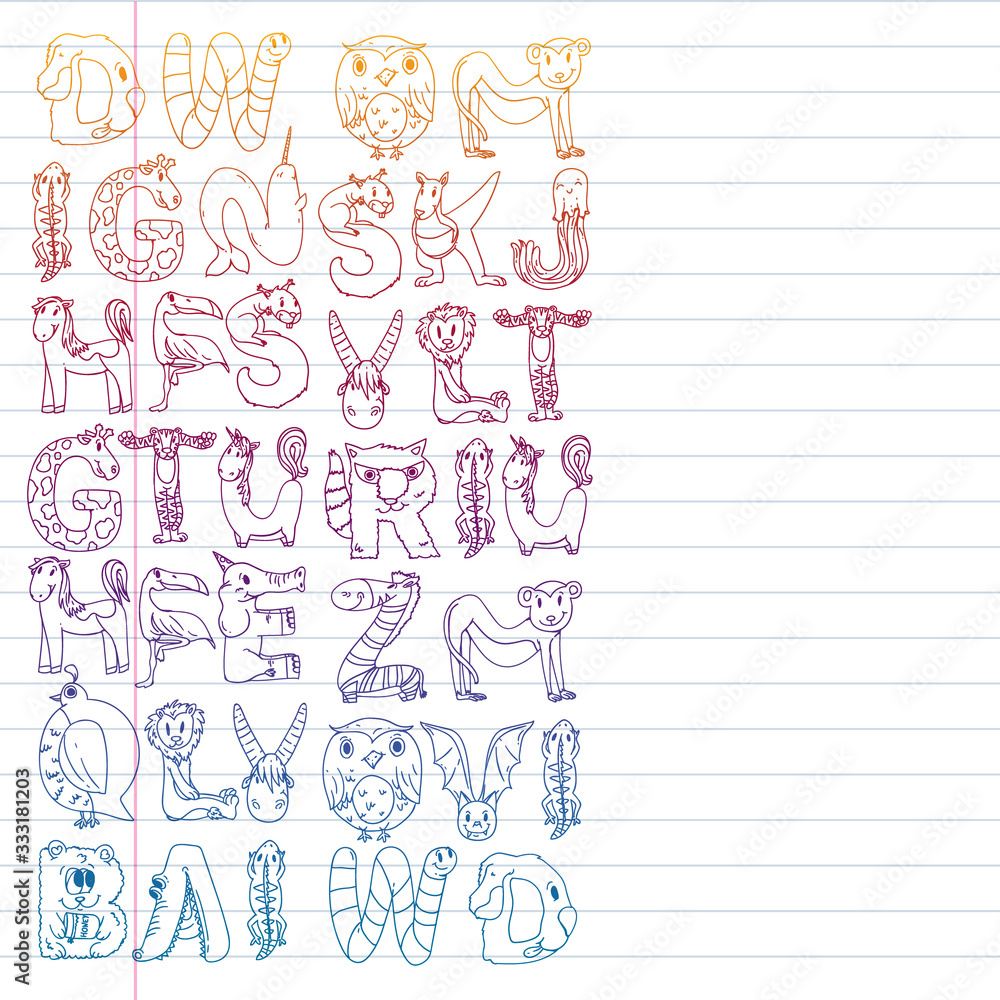 Animal alphabet. Zoo alphabet. Letters from A to Z. Cartoon cute animals. Elephant, dog, flamingo, giraffe, horse, alligator, bear, cat. Animal alphabet. Zoo alphabet. Letters from A to Z. Cartoon cute animals. Elephant, dog, flamingo, giraffe, horse, alligator, bear, cat.