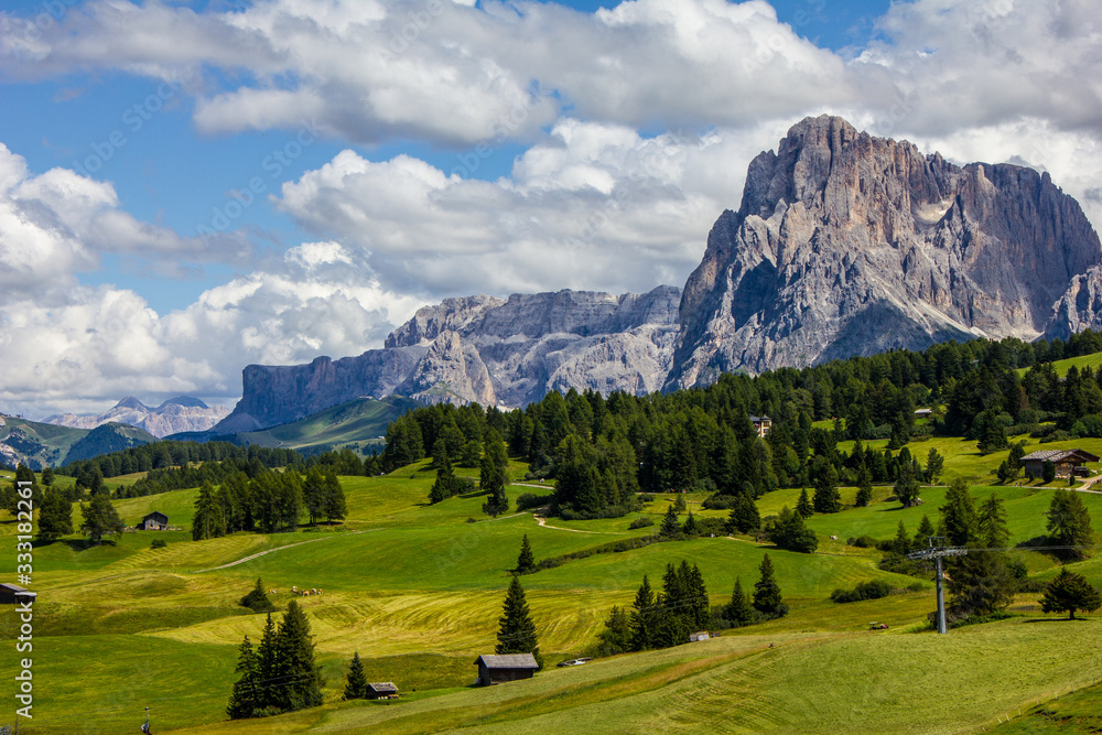 View of Alpe di Siusi with Gruppo del Sassolungo and Sella Mountains in the Background