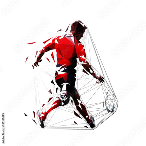 Rugby player kicking ball, rear view. Low polygonal vector illustration. Geometric drawing
