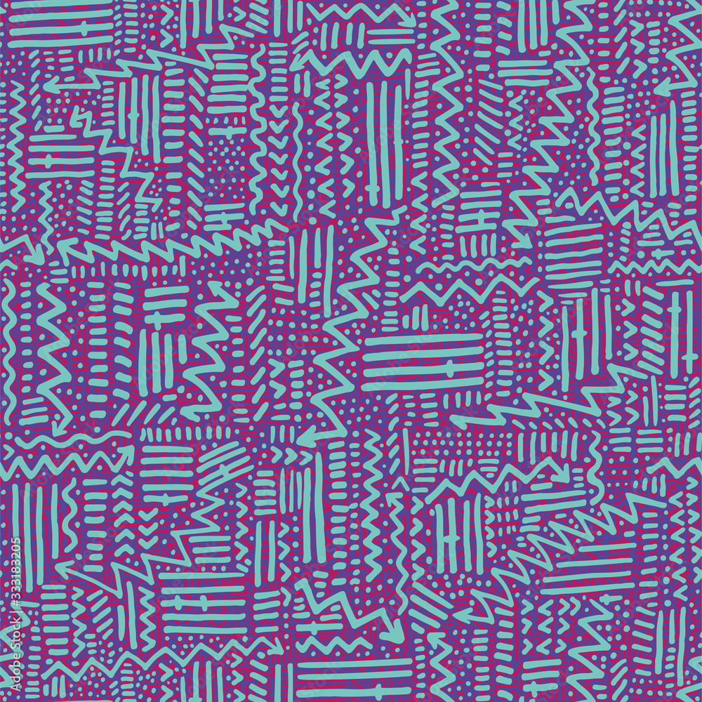 Seamless doodle geometric arrow, dot and line contemporary pattern in rythmic ethnic or Memphis style, background.