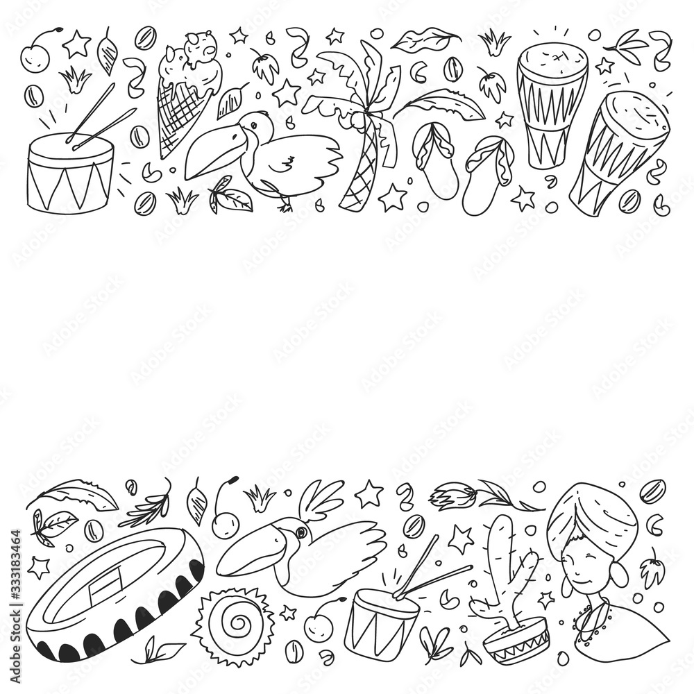 Coloring page with Brazil. Vector doodle pattern with symbols of country. Soccer, statue of Jesus, mask, monkey, soccer.