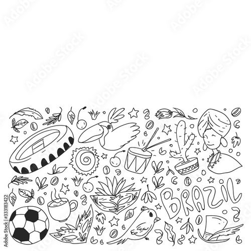 Coloring page with Brazil. Vector doodle pattern with symbols of country. Soccer  statue of Jesus  mask  monkey  soccer.