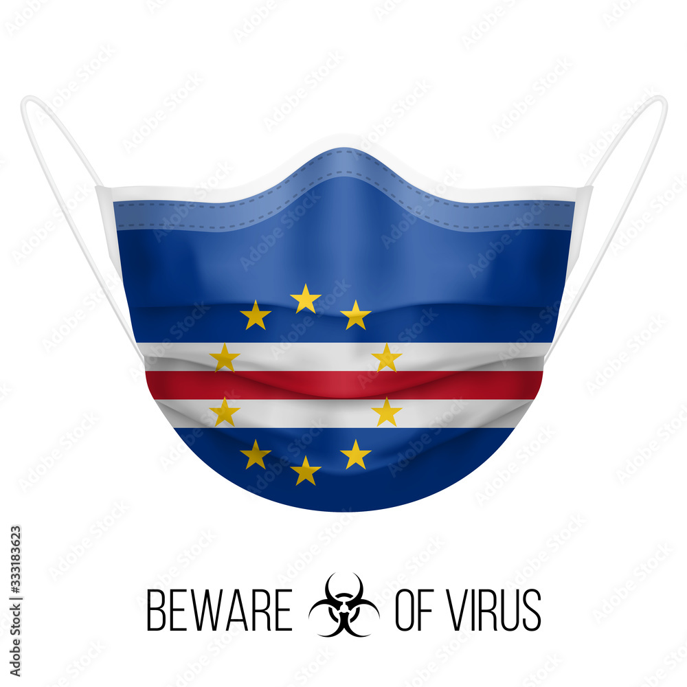 Medical Mask with National Flag of Cape Verde as Icon on White. Protective Mask Virus and Flu. Surgery Concept of Health Care Problems and Fight Novel Coronavirus (2019-nCoV) in Form of flag design Medical Mask with National Flag of Cape Verde as Icon on White. Protective Mask Virus and Flu. Surgery Concept of Health Care Problems and Fight Novel Coronavirus (2019-nCoV) in Form of flag design