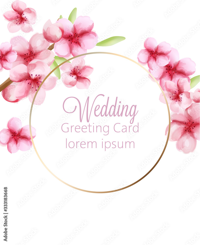 Wedding greeting card with watercolor cherry blossoms spring flowers on stem with green leaves
