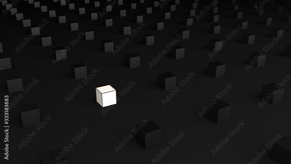 3D rendering. The Glowing white square box is surrounded by many black square box. Striking white square box. Glowing white square box Isolated on Simple black background,illustration,Minimalist Black