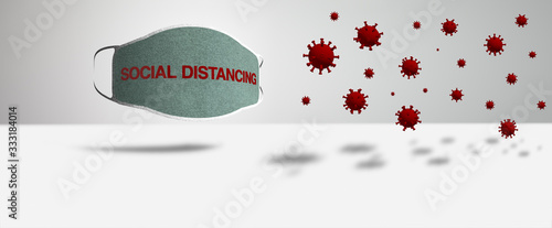 3D illustration of a protection mask with the text social distancing photo